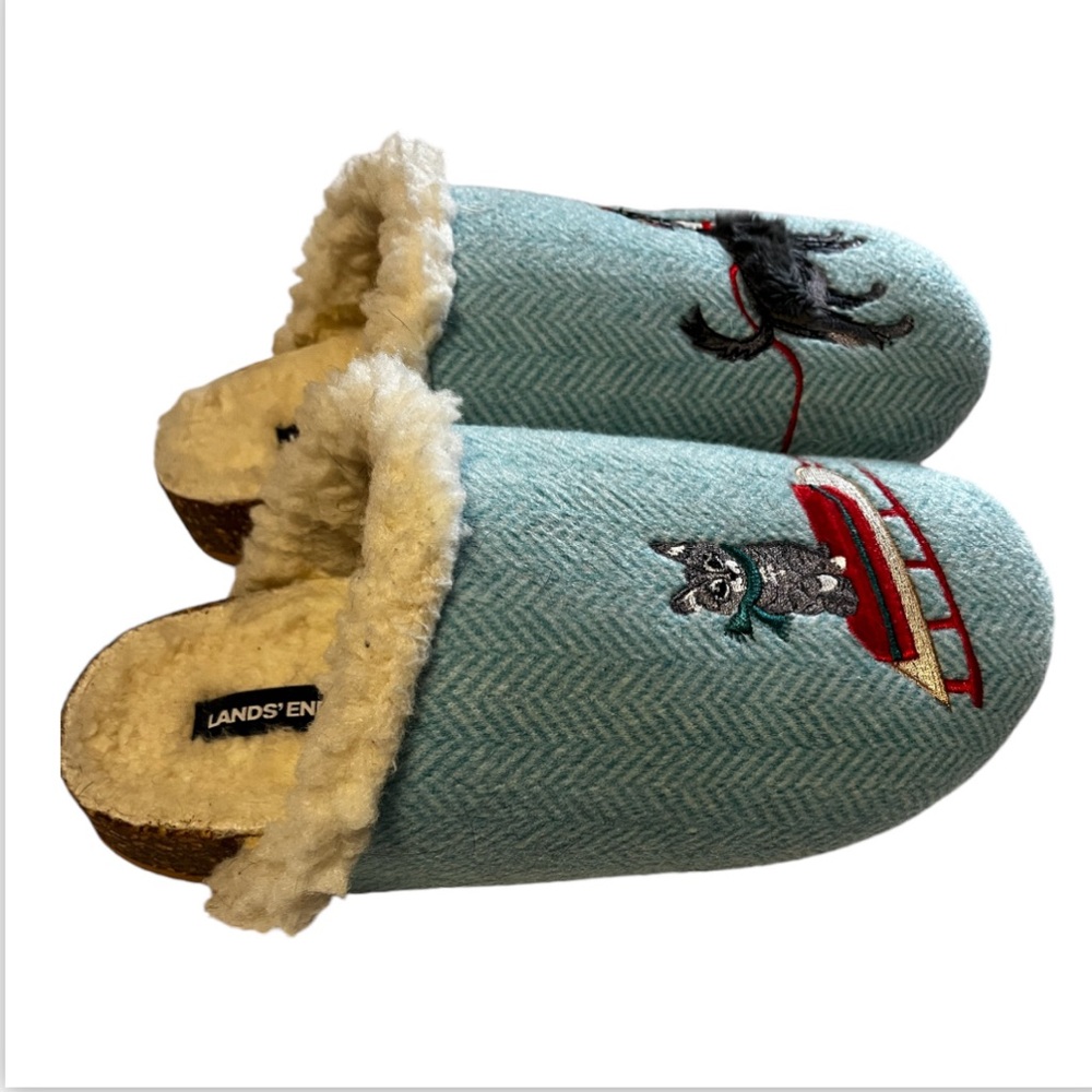 LANDS END Sherpa Lined Aqua Slippers w/Dog & Cat Appliqué s Size:9B